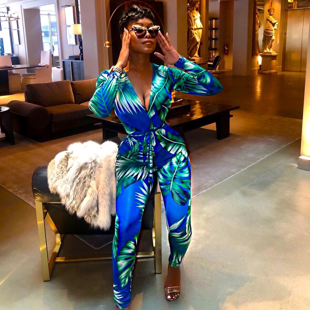V-Neck Blue and Green Long Sleeve Jumpsuit